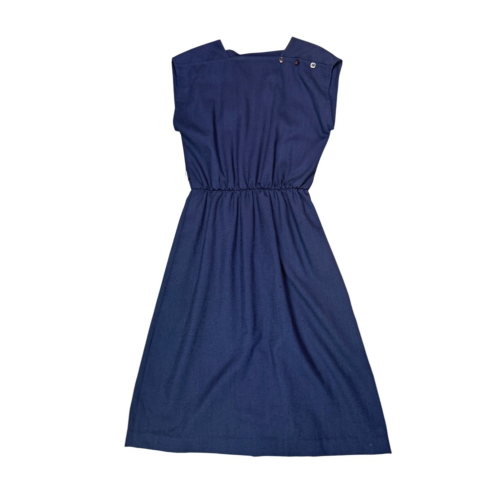 Vintage Women Size 12 ILGWU Navy Blue Textured Knit Elastic Waist Mod Midi Dress